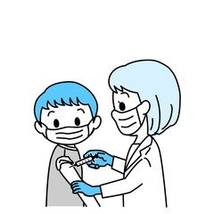 イラスト素材：5～11歳小児への新型コロナワクチン接種開始（小児接種/マスク/主線あり/単色） 