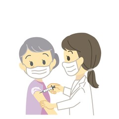 イラスト素材：シニア高齢者への新型コロナワクチン接種（予防接種/マスク/主線なし）
