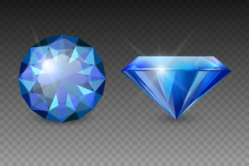 Vector 3d Realistic Blue Transparent Gemstone, Diamond, Crystal, Rhinestones Icon Set Closeup Isolated. Jewerly Concept. Design Template, Clipart. Top and Side View