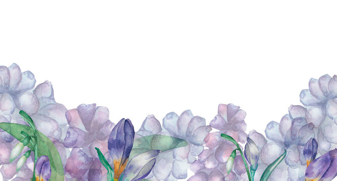 Purple spring flowers watercolor banner isolated on white