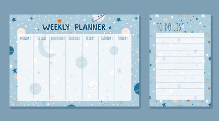 Cute set with Weekly planner and To do list for children. Cosmic theme vector illustrations. Hand drawn schedules for school and preschool education. - obrazy, fototapety, plakaty