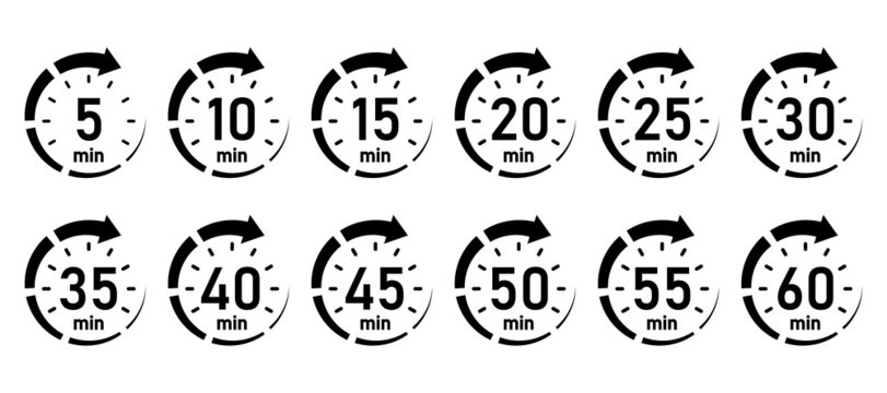 10, 15, 20, 25, 30, 35, 40, 45, 50 min,Timer, clock, stopwatch isolated set icons. Great design for any purposes. Vector logo