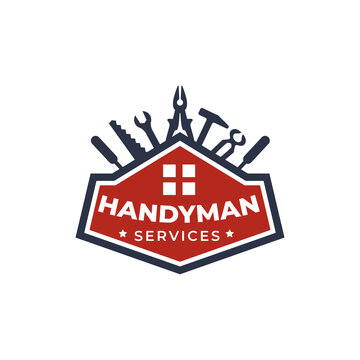 Logo design Symbol of repair and renovation of handyman tools with tools, wrench, screwdriver, hammer, pliers, saw, scrap.