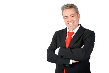Happy business man smiling looking at camera crossing arms wearing a suit. Isolated on white background. 45-50 years old caucasian man.