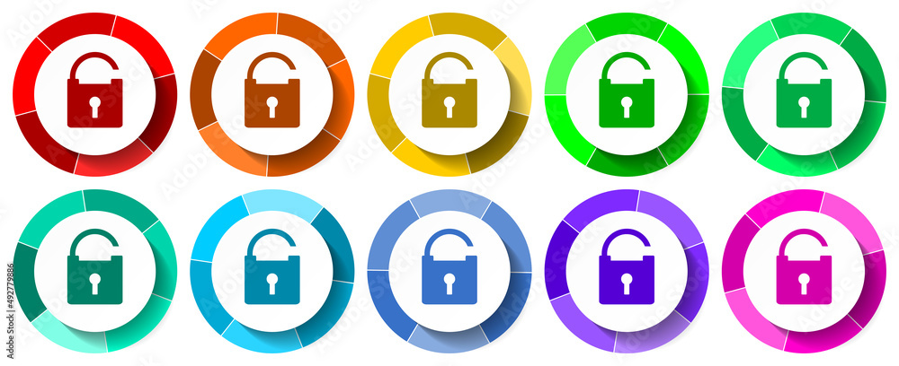 Poster padlock icon set, secure flat design vector illustration in 10 colors options for mobile application