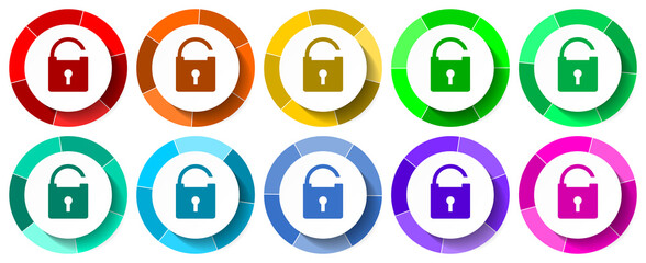 Padlock icon set, secure flat design vector illustration in 10 colors options for mobile applications and webdesign