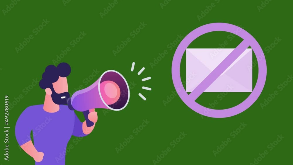 Poster man with megaphone with no email sign animation. 4k motion animation.