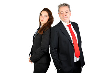 Entrepreneur couple back to back, confident people looking at camera. Isolated on white background. 45-50 years old business people.