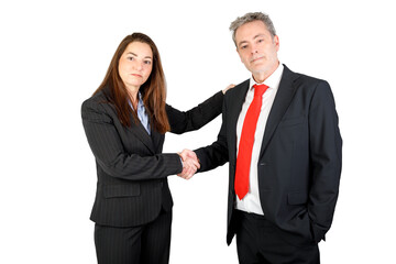 Business people hand shaking, closing a deal. Man and woman. Looking at camera. Isolated on white background, 45-50 years old.