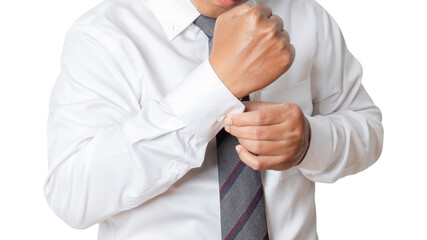 Portrait of businessman wearing white shirt adjusting his cuff links. - Powered by Adobe