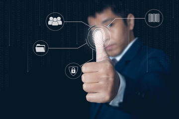 Businessman scan fingerprint biometric identity and approval. Login, User, information security, secure access to user's personal information, secure Internet access.
