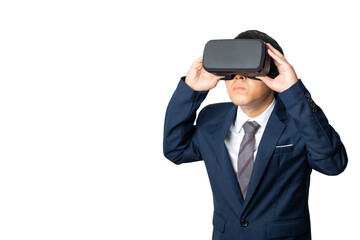 Portrait man wearing VR Headset isolated on white background.