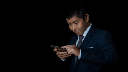 Portrait of businessman using smartphone. Human emotion face expression concept.