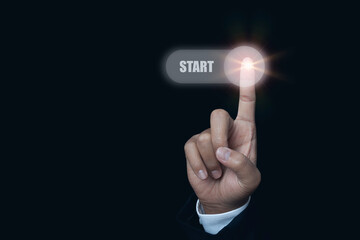Businessman hand push start button on virtual screen in the slide bar to unlocks.