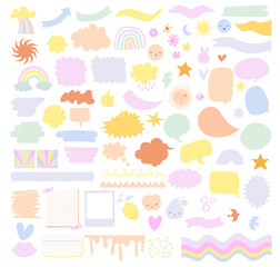 Collection of fun elements, doodle, bubble speech, arrow, shapes, rainbow. Elements for create illustration. Editable Vector Illustration.