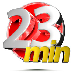 Timer sign 23 min 3D illustration on white background with clipping path.