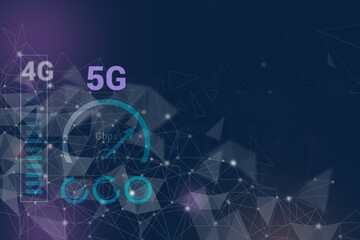 4G, 5G inscriptions and icons of data transfer speed, signal strength on an abstract triangulated background with copy space for design on theme of cellular communications, Internet, cyberspace