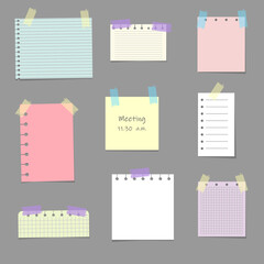 Multicolored notes paper sheets attached with adhesive tape. Meeting reminder, to-do list and memo notice. 3d realistic vector set