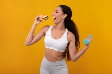 Funny Hungry Lady Holding Burger And Dumbbell