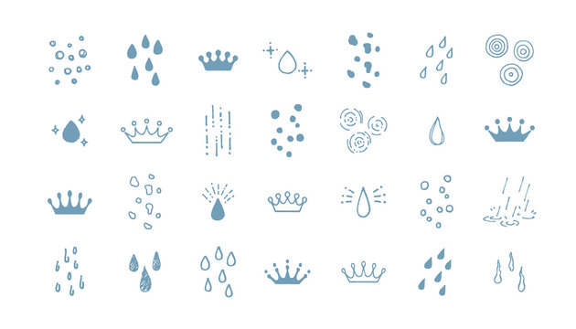 シンプルでかわいい手描きの雫　水滴　雨粒　ミルククラウン　装飾イラストセット