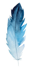 Watercolor blue feather, Bohemian element illustration isolated