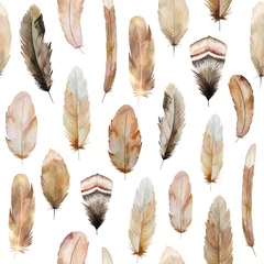 Wall murals Boho style Watercolor seamless pattern made of brown and beige feathers, Bohemian element illustration isolated