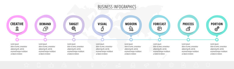 Vector hand-drawn infographics with 8 circles and icons. Modern concept chart process template with eight steps and symbols. Sketch timeline for business project on white background