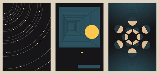 A set of three vintage aesthetic geometric background patterns. Minimalistic posters for social media, web design. Sketchy illustrations with thin lines, gradients, geometric shapes. © Nataly