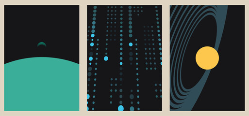 A set of three vintage aesthetic geometric background patterns. Minimalistic posters for social media, web design. Sketchy illustrations with thin lines, gradients, geometric shapes. © Nataly