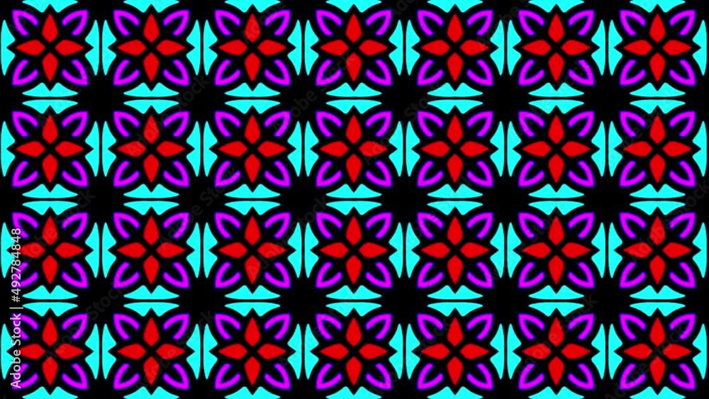 Poster graphic design in kaleidoscope format on dark background with digital pattern in panning motion