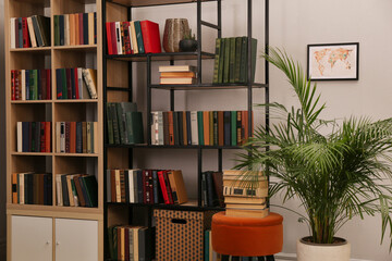 Cozy home library interior with collection of different books on shelves and beautiful houseplant