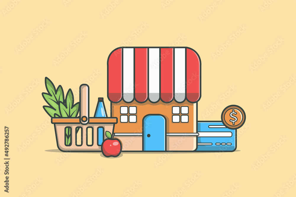 Poster shopping concept in flat line design. making purchases at supermarket color outline scene. objects c
