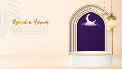 realistic ramadan kareem background with golden lamp and podium