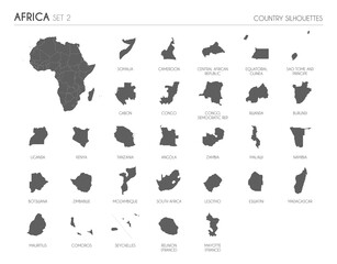 Set of 29 high detailed silhouette maps of African Countries and territories, and map of Africa vector illustration.