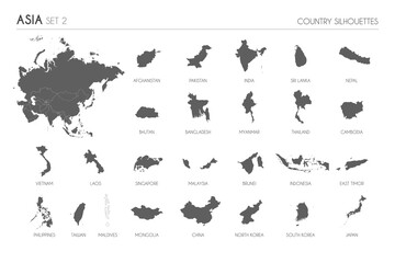 Set of 25 high detailed silhouette maps of Asian Countries and territories, and map of Asia vector illustration. - 492787411