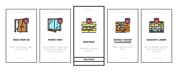 Repair Furniture And Building Onboarding Mobile App Page Screen Vector. Repair Door Bath, Repairing Kitchen Worktop Fireplace, Locksmith Carpenter, Electrician Plasterer Worker Builder Illustrations