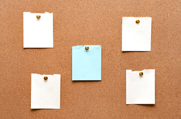 Blank paper notes are pinned to a cork board. Copy space.
