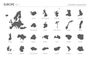 Set of 24 high detailed silhouette maps of European Countries and territories, and map of Europe vector illustration.
