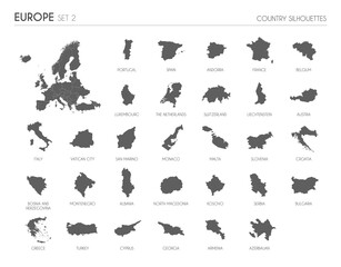 Set of 30 high detailed silhouette maps of European Countries and territories, and map of Europe vector illustration.