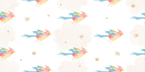 seamless pattern, cute parrots and clouds, safari, children's illustration in watercolor on a white background