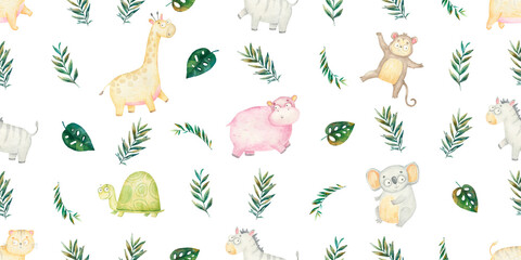 seamless pattern, cute animals with jungle and tropical leaves, safari, watercolor children's illustration on a white background © Ilona