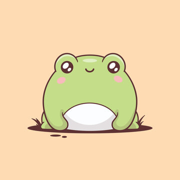 Green frog - toad, kawaii cartoon character. Cute chubby frog drawing vector illustration.