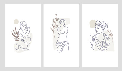 Antique statues cards. Greek gods sculptures. Retro elements combination in modern graphics style with plants or planets. Female figures and typewritten lettering. Vector banners set