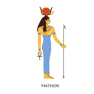 Hathor, Ancient Egyptian goddess. Female solar deity. Old Egypts mother. Major divine woman with sun symbol. History religion character. Flat vector illustration isolated on white background