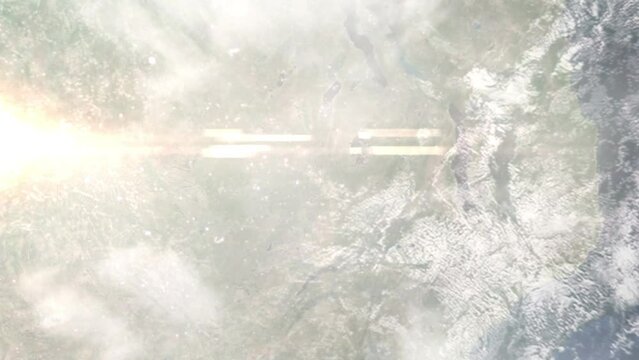 Earth zoom in from outer space to city. Zooming on Kitwe Nkana, Zambia. The animation continues by zoom out through clouds and atmosphere into space. Images from NASA