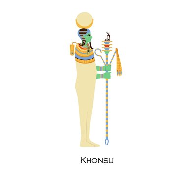 Khonsu, old Egyptian god of Moon. Ancient Egypts deity with disk on head. History and religion character profile. Religious sky traveller. Flat vector illustration isolated on white background