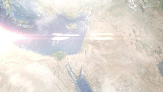 Earth zoom in from outer space to city. Zooming on Netanya, Israel. The animation continues by zoom out through clouds and atmosphere into space. Images from NASA