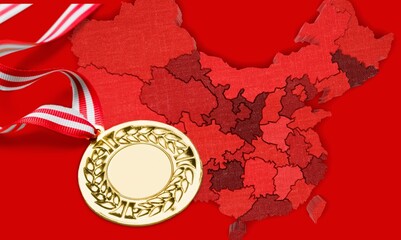 An Olympic Winter Games gold medal on a red background. - obrazy, fototapety, plakaty