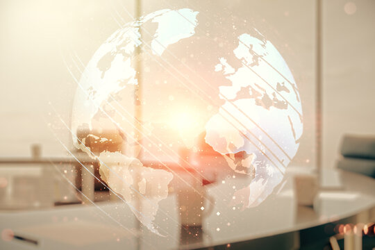 Multi exposure of abstract creative digital world map hologram on a modern meeting room background, research and analytics concept