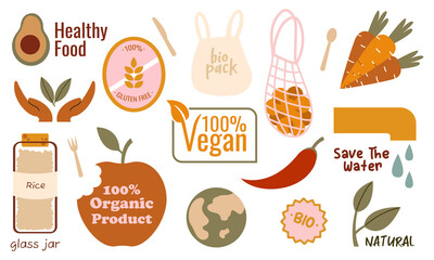 Set of vegan food. Eco. Ecology icons, illustrations. Healthy food stickers.